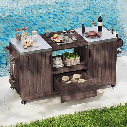 66.5" Outdoor Kitchen Island for Big Green Egg Grills, Solid Wood Grill Cart for Tabletop Grill with Stainless Steel Top, Drawer, Adjustable Middle Shelf, Compatible with Large Big Green Egg