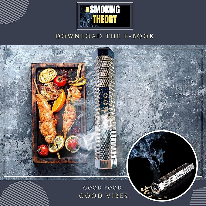 Skoo Pellet Smoker - BBQ Hexagonal Smoking Tube + Brush + Hook + Free EBook + Digital User Guide - 5 Hours of Billowing Smoke - For Electric, Gas, Charcoal Grills or Smokers