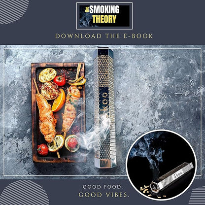 Skoo Pellet Smoker - BBQ Hexagonal Smoking Tube + Brush + Hook + Free EBook + Digital User Guide - 5 Hours of Billowing Smoke - For Electric, Gas, Charcoal Grills or Smokers