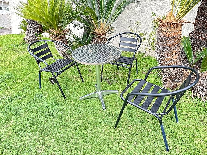 Indoor Outdoor 23.75" Restaurant Stainless Steel Aluminum Metal Slat Stack Commercial Lightweight, 3 Chairs with a Round Table, Silver/Black