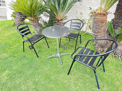 Indoor Outdoor 23.75" Restaurant Stainless Steel Aluminum Metal Slat Stack Commercial Lightweight, 3 Chairs with a Round Table, Silver/Black