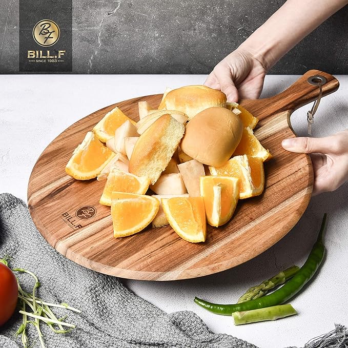 BILL.F Pizza Peel,14" L x 14" W Acacia Wood Cutting Board, with 5" Handle, 19" Overall Length