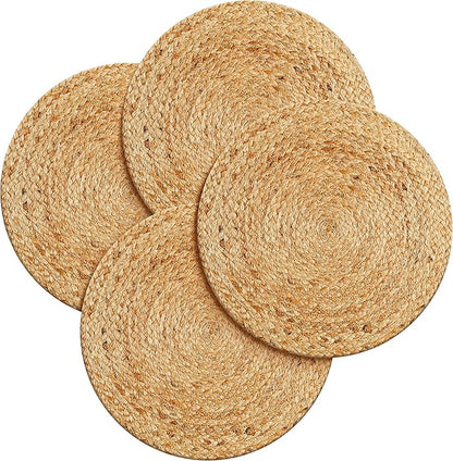 Hausattire Jute Braided Placemats 14 Inches Round Set of 4 Reversible Handwoven Boho Vintage Placemats for Kitchen Dining Tables|BBQ's Farmhouse Easter Decor Indoor & Outdoor Parties|Natural