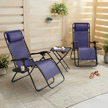 Amazon Basics Outdoor Adjustable Zero Gravity Folding Reclining Lounge Chair with Cup Holder, Headrest Pillow, Detachable Side Table, Weather Resistant, Set of 2, Blue