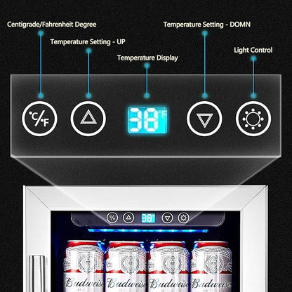 15 Inch Beverage Cooler and Kalamera Refrigerator Under Counter Built-in or Freestanding - 96 Cans Capacity Mini Fridge- for Soda, Water, Beer or Wine - For Kitchen or Bar with Blue Interior Light