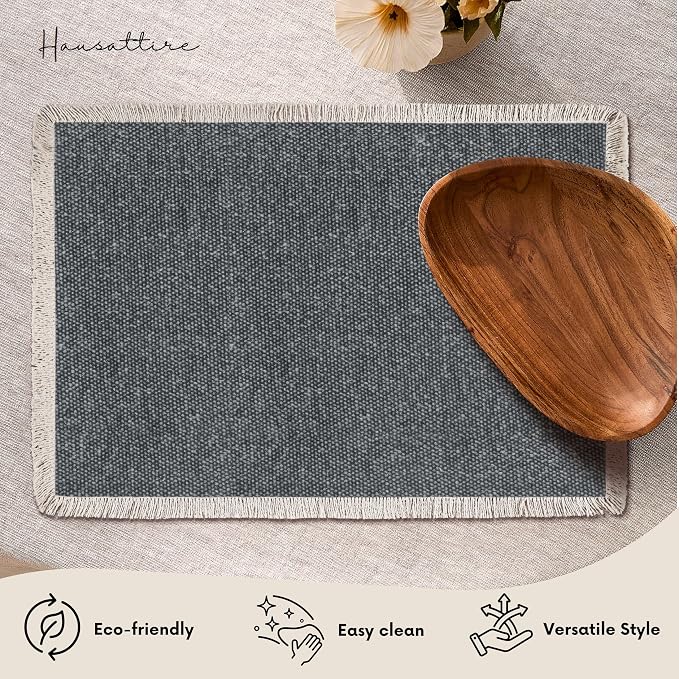 Hausattire Cotton Frayed Placemats Set of 4 Dining Table 13x19 Inch | Rustic Boho Washable Easter Placemat for Outdoor Parties BBQ's Wedding, Holiday, Nubby Cotton - Washed Black
