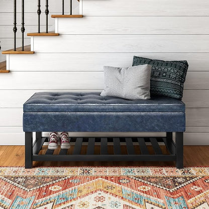 SIMPLIHOME Cosmopolitan Storage Ottoman Bench - 44 inch Wide Upholstered Vegan Leather Rectangle Storage Ottoman in Denim Blue, Transitional Bench for Bedroom with Tufted Lift-Top and Open Shelf