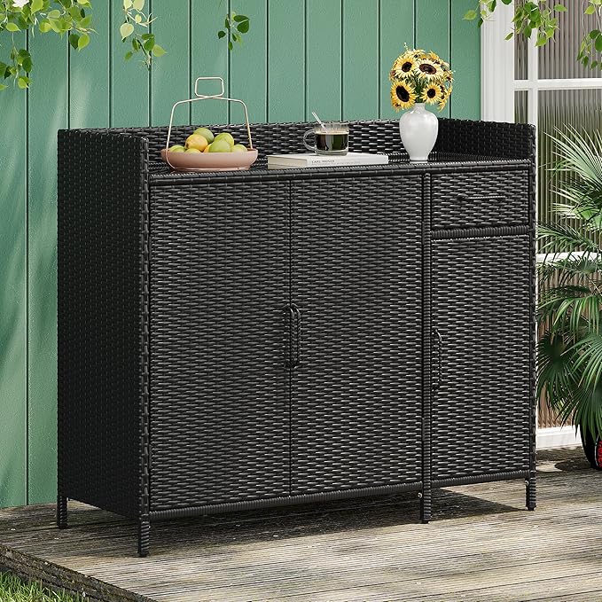 RUNNA Wicker Outdoor Storage Cabinet with Tempered Glass Desktop, Weather-Proof Rattan Bar Table with Three Doors, Adjustable Shelf, and One Drawer, for Outdoor Cushions, Pool Toys (Black Brown@045)