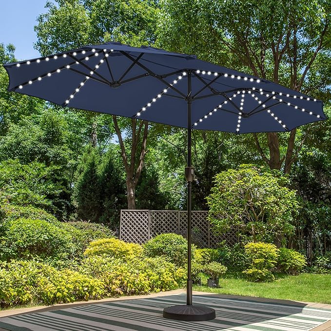 PHI VILLA 13ft Patio Umbrella w/ 120 PCS Color Changing Solar Lights, Navy | Outdoor Triple-Head Large Rectangle/Rectangular Solar-powered Market Table Umbrellas, w/ Crank Lift, for Poolside(No base)