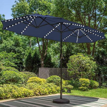 PHI VILLA 13ft Patio Umbrella w/ 120 PCS Color Changing Solar Lights, Navy | Outdoor Triple-Head Large Rectangle/Rectangular Solar-powered Market Table Umbrellas, w/ Crank Lift, for Poolside(No base)