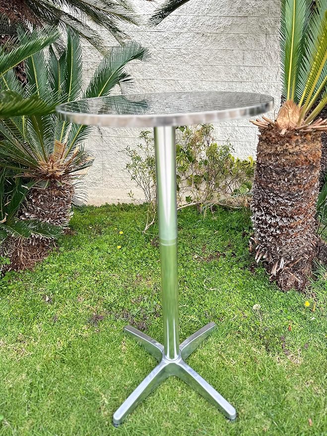 Set of 2, Aluminum Indoor Outdoor 23.75" Round Restaurant Bar Height 44" Table fix top, Patio Stainless Steel Silver Furniture 25.75" Base