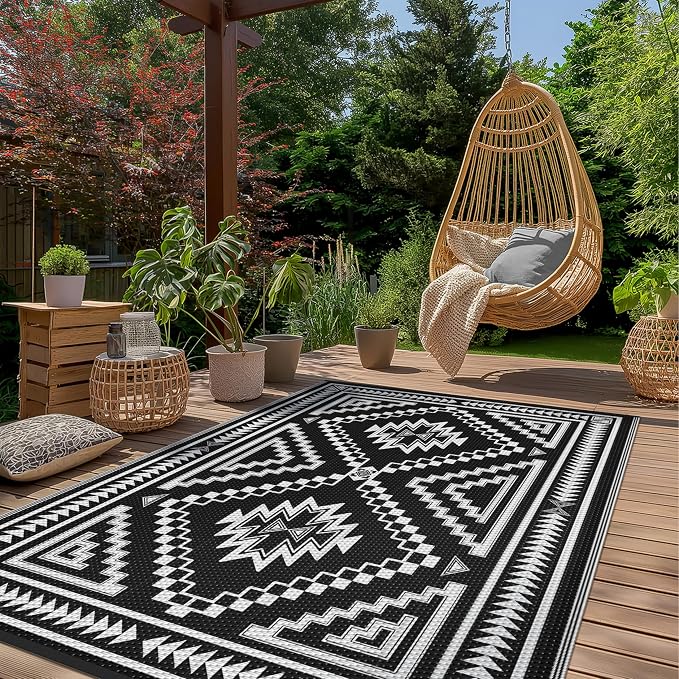 GENIMO Outdoor Rug, Waterproof Plastic Rugs for Patio, 6'x9' Shadow White | Outside Larger Modern Carpet Mat for Porch Decor, Deck, Balcony, Camping, RV, Backyard, Picnic, Beach, Reversible, Foldable