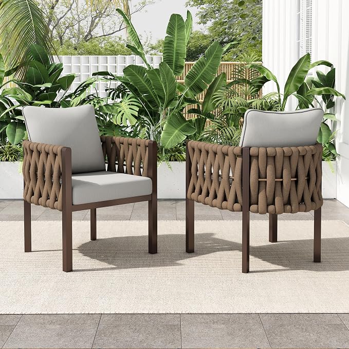 Christopher Knight Home Lena Patio Club Chairs Set of 2, Metal Accent Chairs, Rope Woven Backrest Armchair, Upholstered Cushions Seating, Tub Back Design for Backyard Garden, Brown+Light Gray
