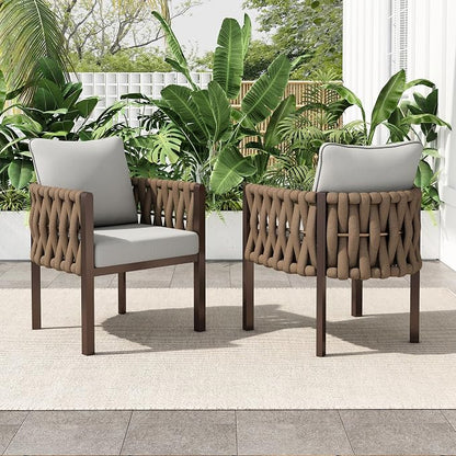 Christopher Knight Home Lena Patio Club Chairs Set of 2, Metal Accent Chairs, Rope Woven Backrest Armchair, Upholstered Cushions Seating, Tub Back Design for Backyard Garden, Brown+Light Gray