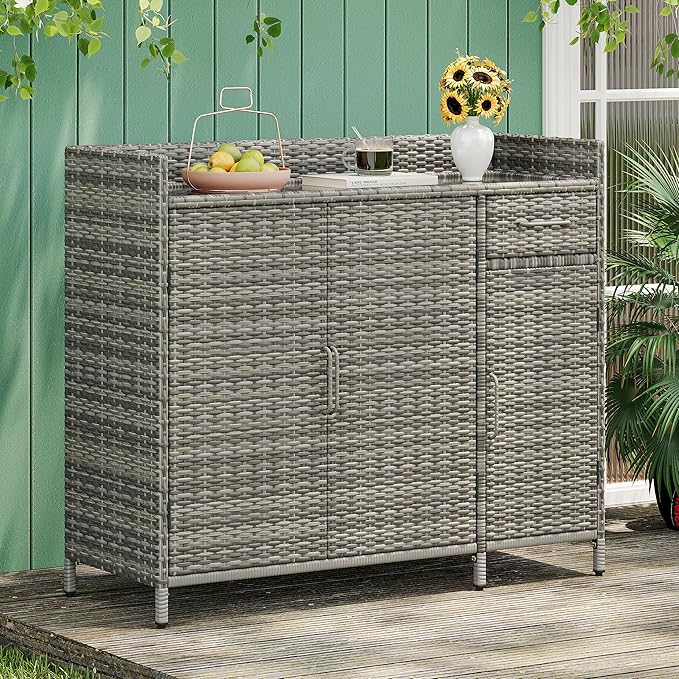 RUNNA Wicker Outdoor Storage Cabinet with Tempered Glass Desktop, Weather-Proof Rattan Bar Table with Three Doors, Adjustable Shelf, and One Drawer, for Outdoor Cushions, Pool Toys (Grey@045)