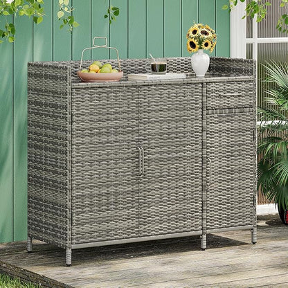 RUNNA Wicker Outdoor Storage Cabinet with Tempered Glass Desktop, Weather-Proof Rattan Bar Table with Three Doors, Adjustable Shelf, and One Drawer, for Outdoor Cushions, Pool Toys (Grey@045)
