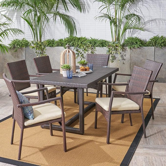 Christopher Knight Home Able Outdoor 7 Piece Wicker Dining Set, Multibrown with Crème Cushions