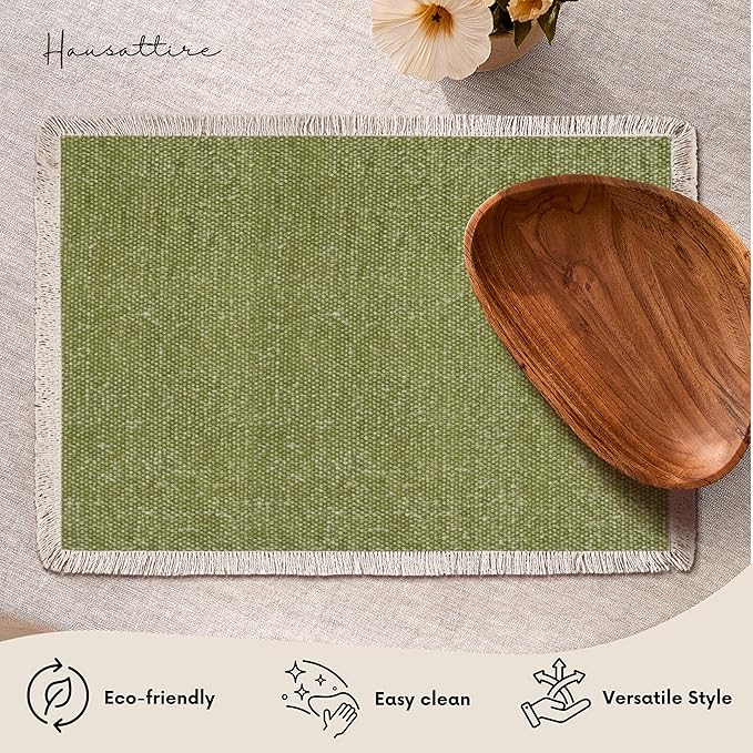 Hausattire Cotton Frayed Placemats Set of 4 Dining Table 13x19 Inch | Rustic Vintage Boho Washable Easter Placemat for Outdoor Parties BBQ's Wedding, Special Occasions, Nubby Cotton - Green