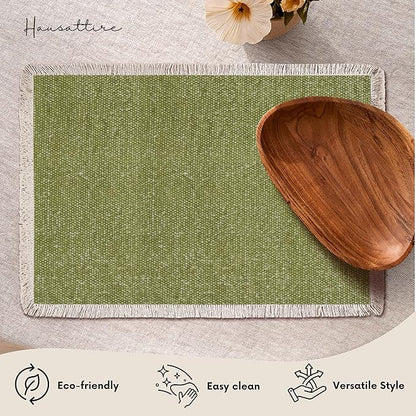 Hausattire Cotton Frayed Placemats Set of 4 Dining Table 13x19 Inch | Rustic Vintage Boho Washable Easter Placemat for Outdoor Parties BBQ's Wedding, Special Occasions, Nubby Cotton - Green