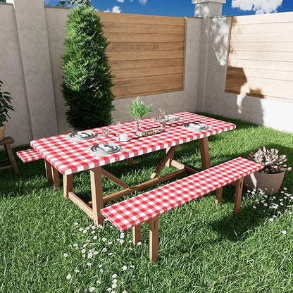 Smiry Picnic Table Cloth 2 Pack, Waterproof Elastic Fitted Tablecloths for 6FT Rectangle Tables, Washable Polyester Buffalo Plaid Tablecloth for Camping, Dining & Christmas (Red & White, 30" x 72")