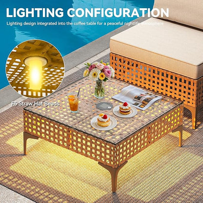 YITAHOME Wicker Patio Furniture Set 3 Pieces Outdoor Sectional Sofa with Solar Light Table Outdoor Couch with Waterproof Cushions All-Weather Rattan Patio Conversation Set for Indoor/Outdoor