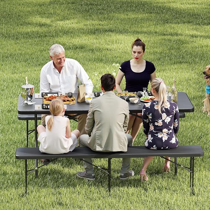 Real Relax 6' Picnic Table with 2 Benches, 3 Piece Black Wood Grain Portable HDPE Folding Camping Table and Benches for Courtyard, Garden, Outdoor Leisure, Party