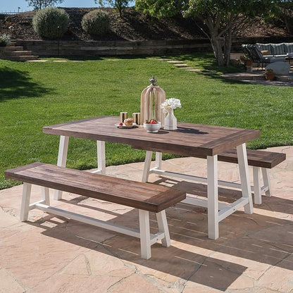 GDFStudio Cassie Outdoor Modern Industrial 3 Piece Acacia Wood Picnic Dining Set with Benches, Sandblasted Dark Brown and White Rustic Metal