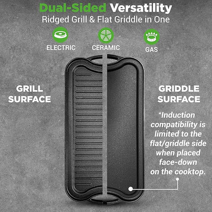 NutriChef Reversible Cast Iron Griddle Pan for Stove Top Cooking, Heavy Duty Nonstick Grill Plate with Flat & Ribbed Sides, Works as Flat Top Grill or Griddle for Gas Grill, Includes Scraper Tool