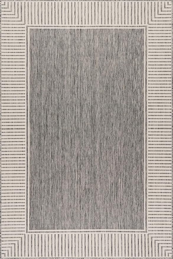 Nuloom Asha Grey/Ivory, 10' x 14', Casual, Striped Border, Soft and Cozy, High Traffic, Easy Clean, Durable Area Rug for Indoor/Outdoor Patio, Deck, Porch, Garden, Courtyard
