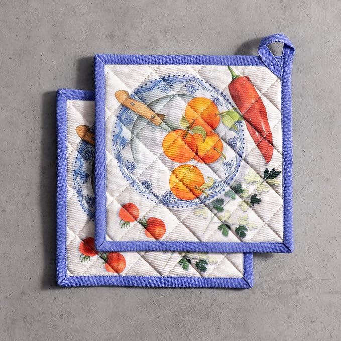 Maison d' Hermine Pot Holders 100% Cotton Potholders (8" x 8", Pack of 2) | Heat Resistant Hot Pads with Loop BBQ Cooking Baking Farmhouse Kitchen Handling Hot Pans Spring Summer - Gourmand