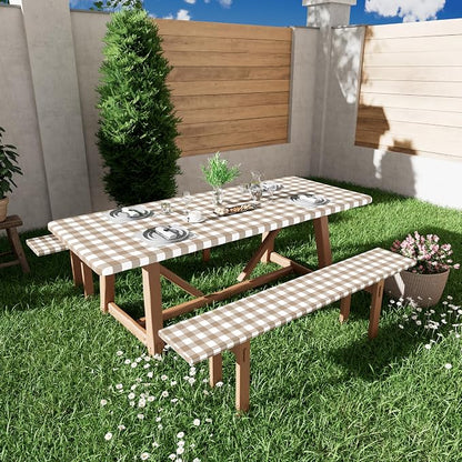 Smiry Picnic Table Cover with Bench Covers, Waterproof Elastic Fitted Tablecloths for 6 Foot Rectangle Tables, Washable Buffalo Plaid Tablecloth for Camping, Outdoor (Khaki & White, 30"x72")