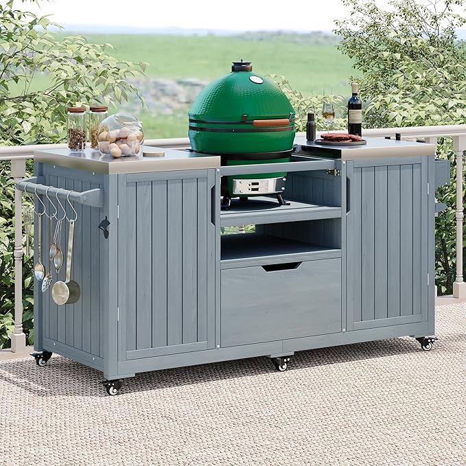 Outdoor Grill Cart Table for Large Big Green Egg Accessories 66.5’’ Solid Wood Kitchen Storage Island Prep Station with Stainless Steel Top for BBQ, Grey Blue