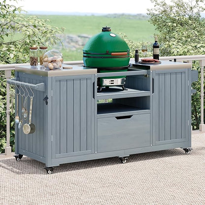 Outdoor Grill Cart Table for Large Big Green Egg Accessories 66.5’’ Solid Wood Kitchen Storage Island Prep Station with Stainless Steel Top for BBQ, Grey Blue