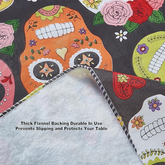 Newbridge Sugar Skull Oval Vinyl Tablecloth with Flannel Backing, Waterproof Wipe Clean Table Cover for Indoor Outdoor Kitchen Dining Use, Picnic and Barbecue, 60 x 84 Inch Oval