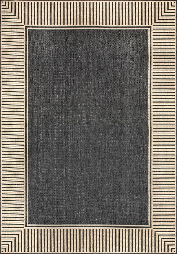 Nuloom Asha Dark Grey/Ivory, 2' x 3', Casual, Striped Border, Soft and Cozy, High Traffic, Stain Resistant, Easy Clean, Durable Area Rug for Indoor/Outdoor Patio, Deck, Porch, Garden, Courtyard