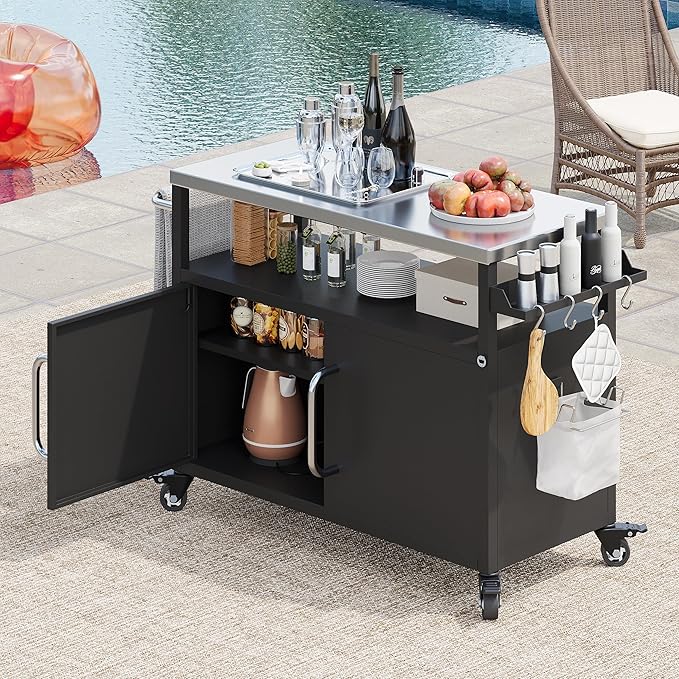 54.5" Outdoor Kitchen Island with Stainless Steel Tabletop, Metal Grill Cart Table with Storage Cabinet, Spice Rack and Towel Rack, Outdoor Bar Cart with 4 Lockable Wheels for Outside BBQ (Black--@13)