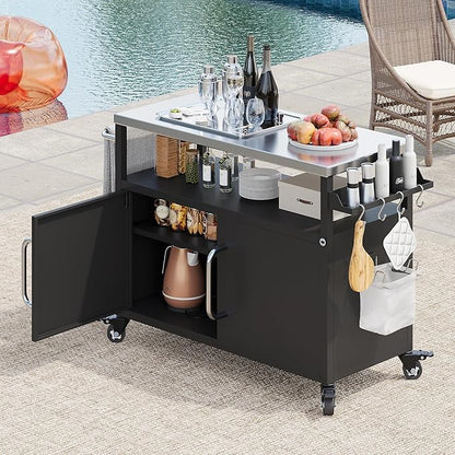54.5" Outdoor Kitchen Island with Stainless Steel Tabletop, Metal Grill Cart Table with Storage Cabinet, Spice Rack and Towel Rack, Outdoor Bar Cart with 4 Lockable Wheels for Outside BBQ (Black--@13)