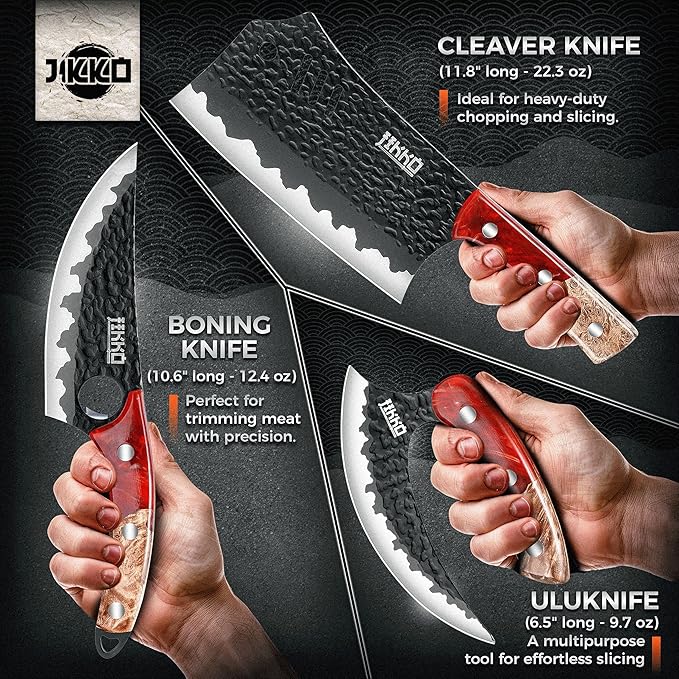 Jikko Phoenix Edition Japanese Knife Set - 3-Piece Chef Knife Set | Butcher Knives, Meat Cleaver, Butcher Knife Set | BBQ Set | Chef Knives with Hammered Blades & Maple Burl