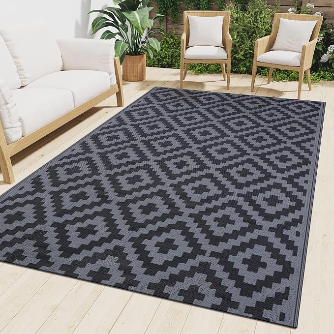 Smiry Outdoor Rug 10x14 ft Waterproof Reversible Boho Mat, Black & Grey | Polypropylene Plastic Straw, Quick Drying, Lightweight Foldable, for Patio, Deck, RV Camping, Backyard and Indoor Outdoor Use
