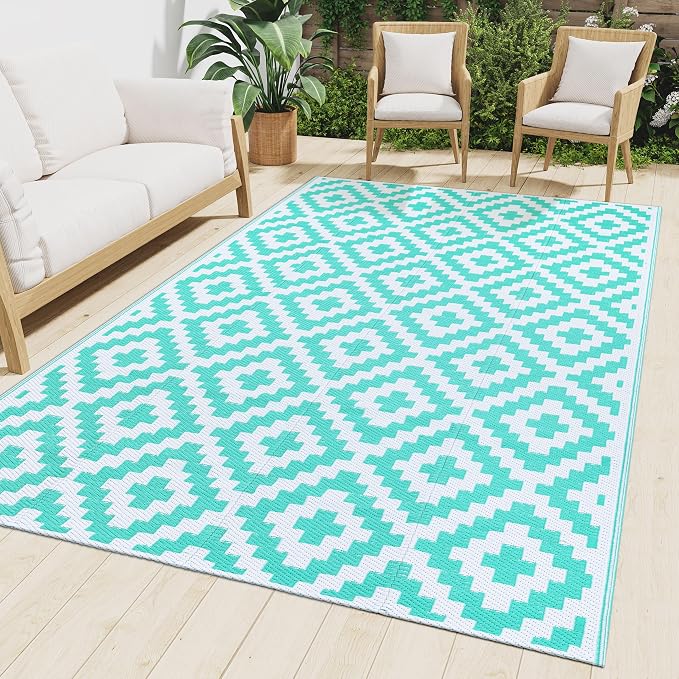 Smiry Outdoor Rug 4x6 ft Waterproof Reversible Boho Mat, White & Teal | Polypropylene Plastic Straw, Quick Drying, Lightweight Foldable, for Patio, Deck, RV Camping, Backyard and Indoor Outdoor Use