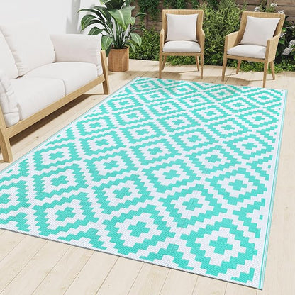 Smiry Outdoor Rug 4x6 ft Waterproof Reversible Boho Mat, White & Teal | Polypropylene Plastic Straw, Quick Drying, Lightweight Foldable, for Patio, Deck, RV Camping, Backyard and Indoor Outdoor Use