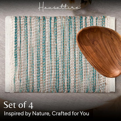 Hausattire Woven Table Placemats Set of 4 - Teal, Jute Boho Outdoor Table Mats for Kitchen Dining Decoration | Heat Resistant Farmhouse Rustic Dinner Spring Easter Placemat - 13x19 Inch