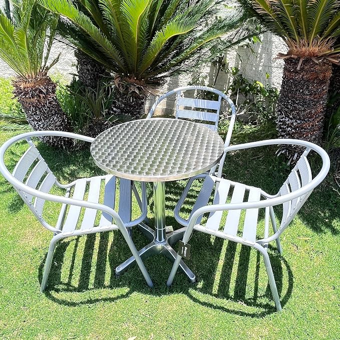 Indoor Outdoor Set of 3 Silver Gray Restaurant Metal Aluminum Slat Stack Chairs Lightweight