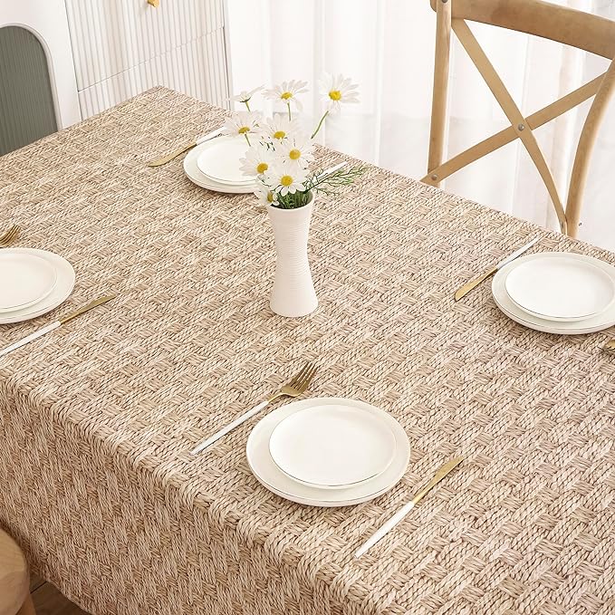Walrus Heavy Duty Vinyl Tablecloth with Flannel Backing Waterproof Oil-Proof Plastic Table Cloth Stain-Resistant Wipeable Rectangle or Square Table Cover for Indoor and Outdoor (Weave, 52X70 Inch)