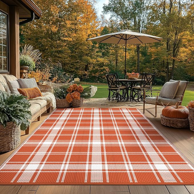 GENIMO Outdoor Rug, Waterproof Plastic Rugs for Patio, 6'x9' Orange Plaid | Outside Larger Modern Carpet Mat for Porch Decor, Deck, Balcony, Camping, RV, Backyard, Picnic, Beach, Reversible, Foldable
