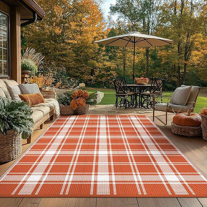GENIMO Outdoor Rug, Waterproof Plastic Rugs for Patio, 6'x9' Orange Plaid | Outside Larger Modern Carpet Mat for Porch Decor, Deck, Balcony, Camping, RV, Backyard, Picnic, Beach, Reversible, Foldable