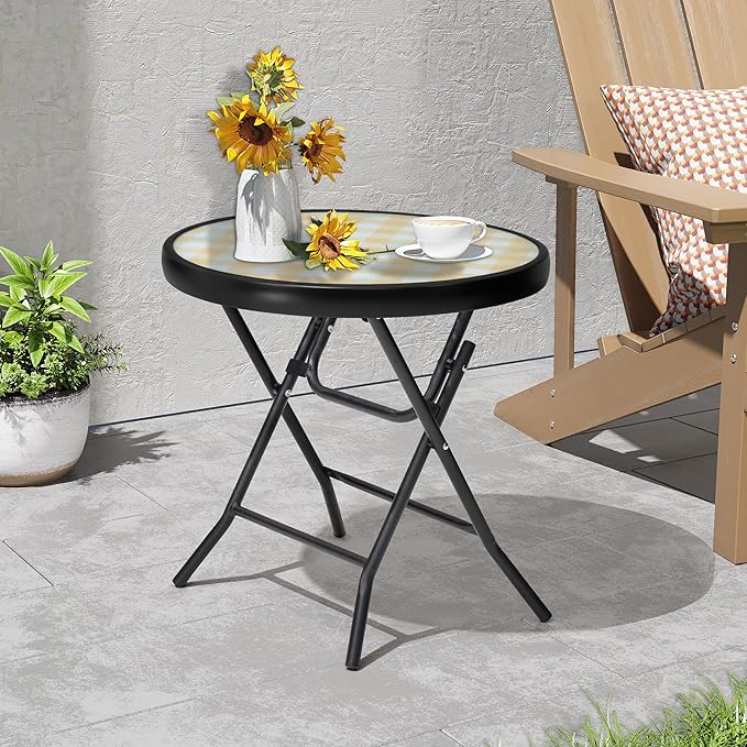 Foldable Side Table with Tempered Glass Top, Yellow | 18" Small Patio Side Tables Outdoor for Porch Yard Balcony Deck Lawn Garden