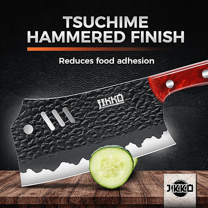 Jikko Phoenix Edition Japanese Knife Set - 3-Piece Chef Knife Set | Butcher Knives, Meat Cleaver, Butcher Knife Set | BBQ Set | Chef Knives with Hammered Blades & Maple Burl