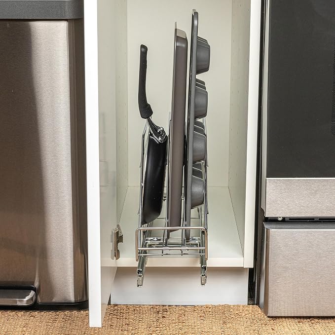 Household Essentials Glidez Multipurpose Chrome-Plated Steel Pull-Out/Slide-Out Storage Organizer for Cookware and Bakeware - Fits Standard Size Cabinet or Shelf, Chrome