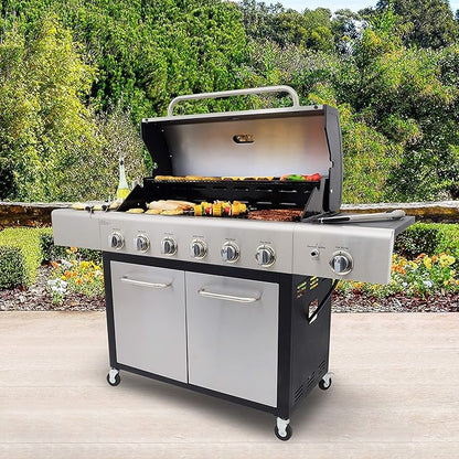Kenmore 6-Burner Propane Gas BBQ Grill with Side Burner, 73,000 BTUs, Stainless Steel Cabinet Grill with Cast Iron Grates for Outdoor Cooking, Backyard BBQ, Patio, Large Parties